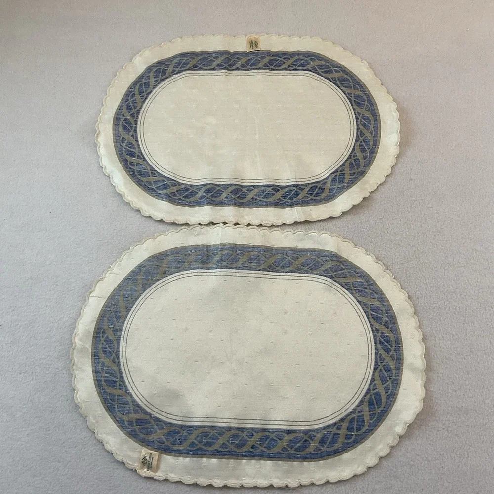 Lenox Hamilton Oval Placemats Cloth Set Of 2 Ivory Gold Navy Blue Vintage Lot #2